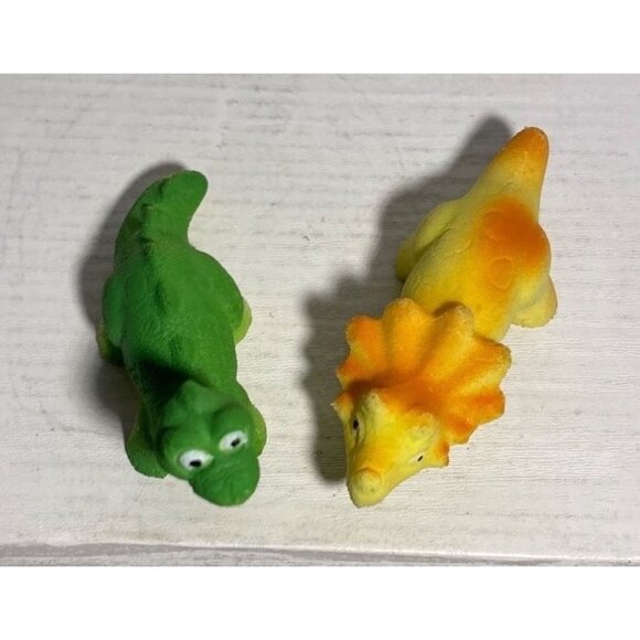 Set Of 2 Miniature Dinosaur Figurines Green & Yellow Spongy Texture Kids Toy - Picture 3 of 7